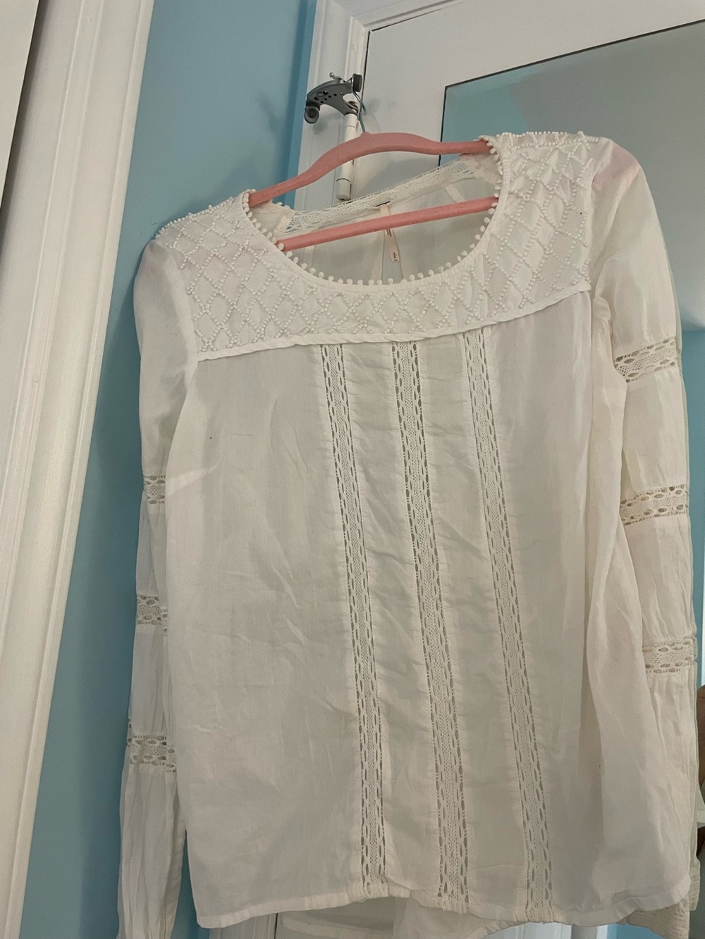 Free People BoHo White Lace and Beaded Peasant Top- White